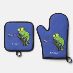 Ensemble De Gant De Cuisine Et De Manique Caricature de lézard de caméléon vert joyeux