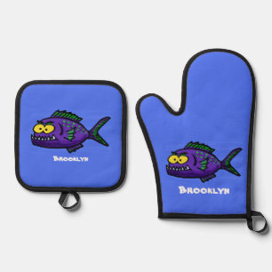 Ensemble De Gant De Cuisine Et De Manique Caricature de poisson de Piranha