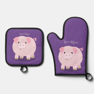 Ensemble De Gant De Cuisine Et De Manique Caricature de porc mignon rose pot vendue