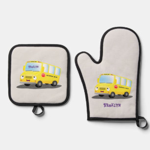 Ensemble De Gant De Cuisine Et De Manique Caricature du bus scolaire jaune joyeux