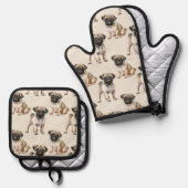 Ensemble De Gant De Cuisine Et De Manique Carlin Motif de chiot (Recto/Verso)