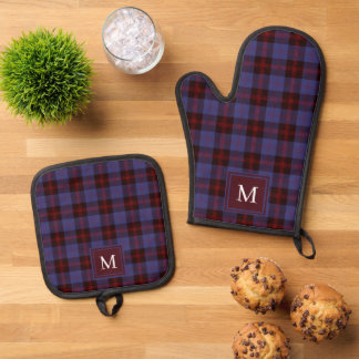 Ensemble De Gant De Cuisine Et De Manique carré tartan bleu marine rouge monogramme
