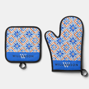 Ensemble De Gant De Cuisine Et De Manique Carreaux Méditerranéens Motif Coastal Monogrammé