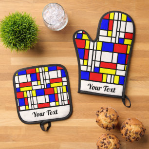 Ensemble De Gant De Cuisine Et De Manique Carreaux Motif Rouge Bleu Blanc Noir Jaune