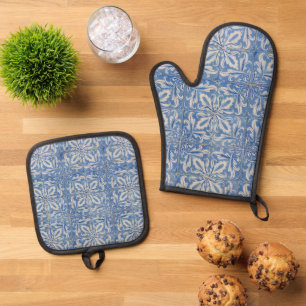 Ensemble De Gant De Cuisine Et De Manique Carreaux portugais Vintage Azulejos Bleu Blanc