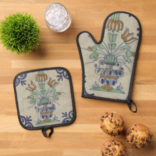 Ensemble De Gant De Cuisine Et De Manique Carrelage Delft Antique Pot de Fleur Céramique