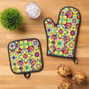Ensemble De Gant De Cuisine Et De Manique Carrelage méditerranéen, Carreaux d'encre d'alcool