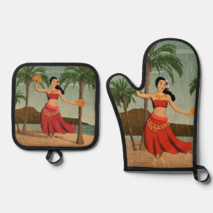 Ensemble De Gant De Cuisine Et De Manique Carte postale Hawaiian Vintage Hula Girl détenue