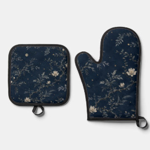 Ensemble De Gant De Cuisine Et De Manique Celestial Midnight Garden Floral Navy