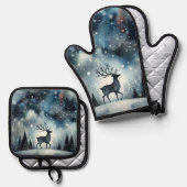 Ensemble De Gant De Cuisine Et De Manique Cerf de Nuit d'Hiver Étoilé (Recto/Verso)
