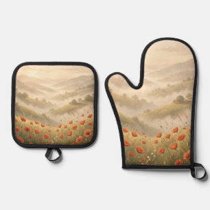 Ensemble De Gant De Cuisine Et De Manique Champ de coquelicots Golden Sunrise Collines ondoy