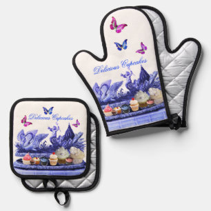 ENSEMBLE DE GANT DE CUISINE ET DE MANIQUE CHARIOT BLEU DE SWANS, BOUTEILLES ET CUPCAKES
