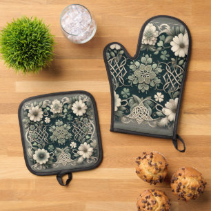 Ensemble De Gant De Cuisine Et De Manique Charme floral du trèfle celtique