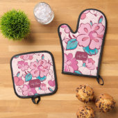 Ensemble De Gant De Cuisine Et De Manique Charming Pink Flower Kitchen Custom Name (De haut en bas)