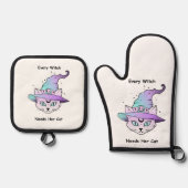 Ensemble De Gant De Cuisine Et De Manique Chat à sorcière lunaire (Recto)