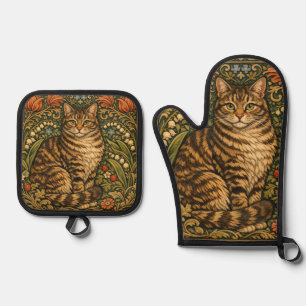 Ensemble De Gant De Cuisine Et De Manique Chat botanique floral élégant vintage
