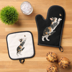 Ensemble De Gant De Cuisine Et De Manique Chat Calico Adorable & Papillon Aquarelle