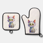 Ensemble De Gant De Cuisine Et De Manique Chat d'aquarelle (Recto)