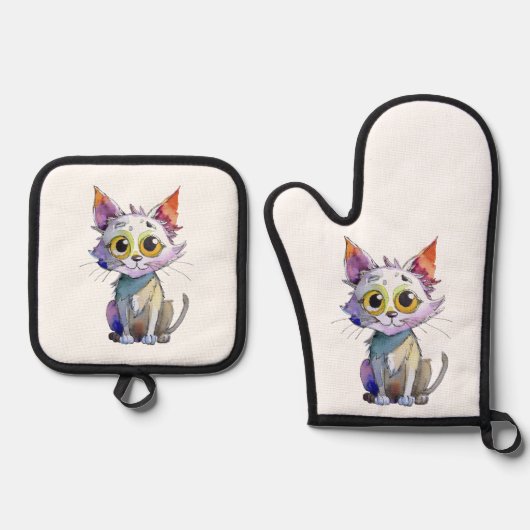 Ensemble De Gant De Cuisine Et De Manique Chat d'aquarelle (Recto)