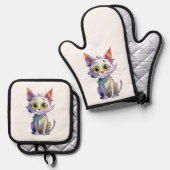 Ensemble De Gant De Cuisine Et De Manique Chat d'aquarelle (Recto/Verso)