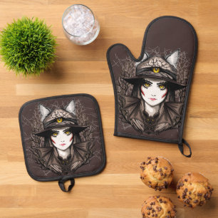 Ensemble De Gant De Cuisine Et De Manique Chat de sorcière Halloween Déplaisant Portrait mig
