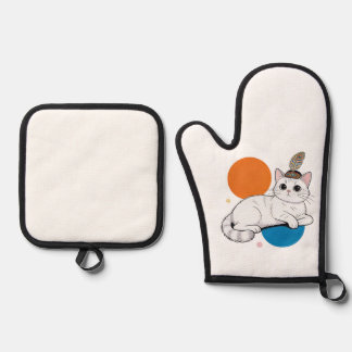 Ensemble De Gant De Cuisine Et De Manique Chat élégant avec coiffe à plumes de paon