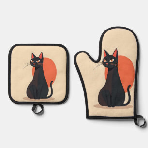 Ensemble De Gant De Cuisine Et De Manique Chat noir Pop Art avec soleil orange