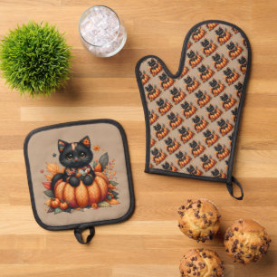 Ensemble De Gant De Cuisine Et De Manique Chat noir sur Citrouille avec Motif de courtepoint