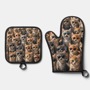 Ensemble De Gant De Cuisine Et De Manique Chats cool portant des lunettes de soleil