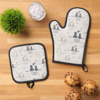 Ensemble De Gant De Cuisine Et De Manique Chats en amour Animaux modernes Silhouette Motif