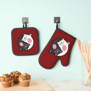 Ensemble De Gant De Cuisine Et De Manique Chats endormis Yin Yang en noir et blanc