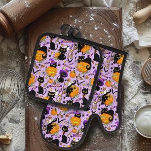 Ensemble De Gant De Cuisine Et De Manique Chats noirs citrouille Halloween Candy