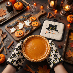 Ensemble De Gant De Cuisine Et De Manique Chatte noire mignonne Halloween