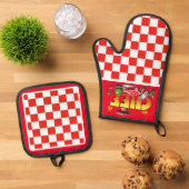 Ensemble De Gant De Cuisine Et De Manique Chef du chèque rouge (De haut en bas)