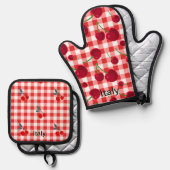 Ensemble De Gant De Cuisine Et De Manique Cherry print pot holders - Italian kitchen (Recto/Verso)