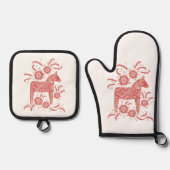 Ensemble De Gant De Cuisine Et De Manique Cheval de Dala suédois Rouge et blanc (Recto)