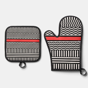 Ensemble De Gant De Cuisine Et De Manique Chevron blanc noir + Bande rouge