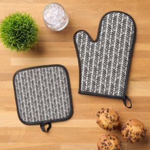 Ensemble De Gant De Cuisine Et De Manique Chic blanc noir gris Abstrait Chevron Art raypes