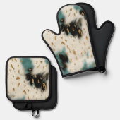 Ensemble De Gant De Cuisine Et De Manique Chic Blanc Or Turquoise Noir (Recto/Verso)