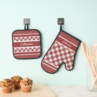 Ensemble De Gant De Cuisine Et De Manique Chic Rouge blanc En vichy Plaid personnalisé