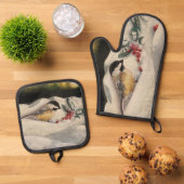 Ensemble De Gant De Cuisine Et De Manique Chick-a-Dee with Mistletoe (De haut en bas)