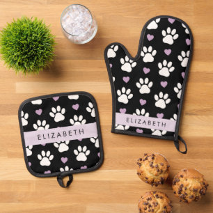 Ensemble De Gant De Cuisine Et De Manique Chien Paws, White Paws, Lilac Hearts, Votre Nom