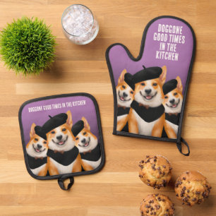 Ensemble De Gant De Cuisine Et De Manique Chiens de Corgi Chic Cute Portant Des Berets Et De