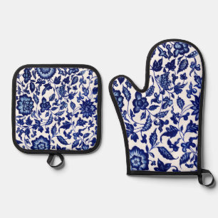Ensemble De Gant De Cuisine Et De Manique Chinois bleu marine foncé motif floral sur blanc