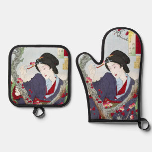 Ensemble De Gant De Cuisine Et De Manique Chinoiserie Dame japonaise et fleur de cerisier ro
