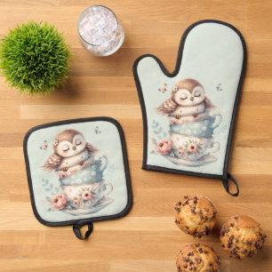 Ensemble De Gant De Cuisine Et De Manique Chouette endormie dans des tasses à thé florales e
