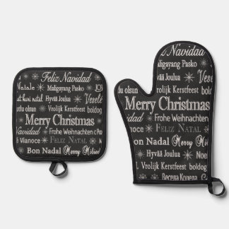 Ensemble De Gant De Cuisine Et De Manique Christmas Greetings Multiple Languages Chalkboard