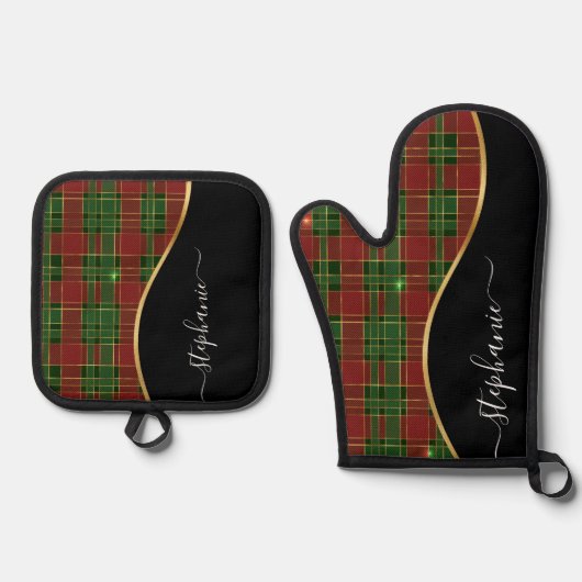 Ensemble De Gant De Cuisine Et De Manique Christmas Plaid Gold Personalized (Recto)