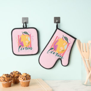 Ensemble De Gant De Cuisine Et De Manique Citron Rose Limon Italien