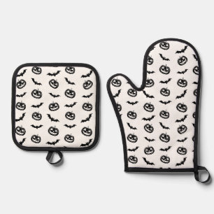Ensemble De Gant De Cuisine Et De Manique Citrouille Bat Trick ou Treat Black sur Motif blan